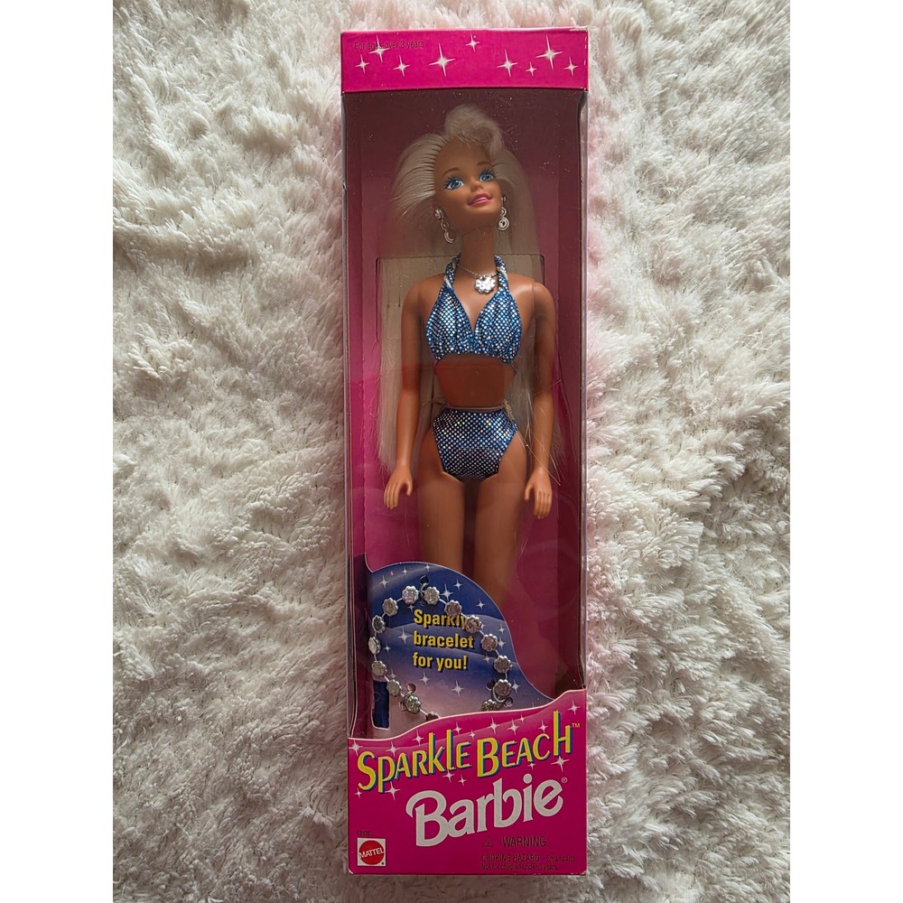 90s Vintage 1995 Sparkle Beach Barbie Doll Mattel 13132 NIB Blue Swimsuit summer